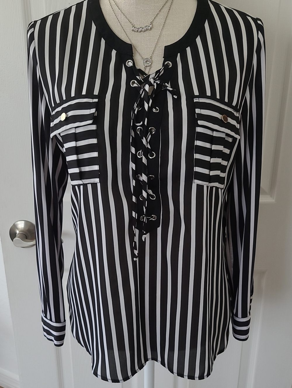Peter Nygard Black and White Striped Lace-Up Blouse